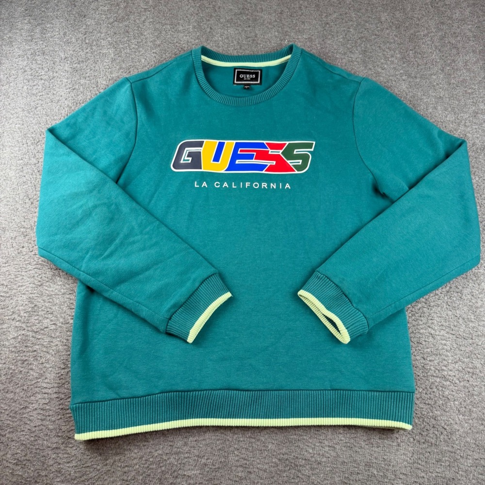 Guess Sweatshirt Men's Large Teal Green Multi Logo La California T3RQ11 KAGNO
